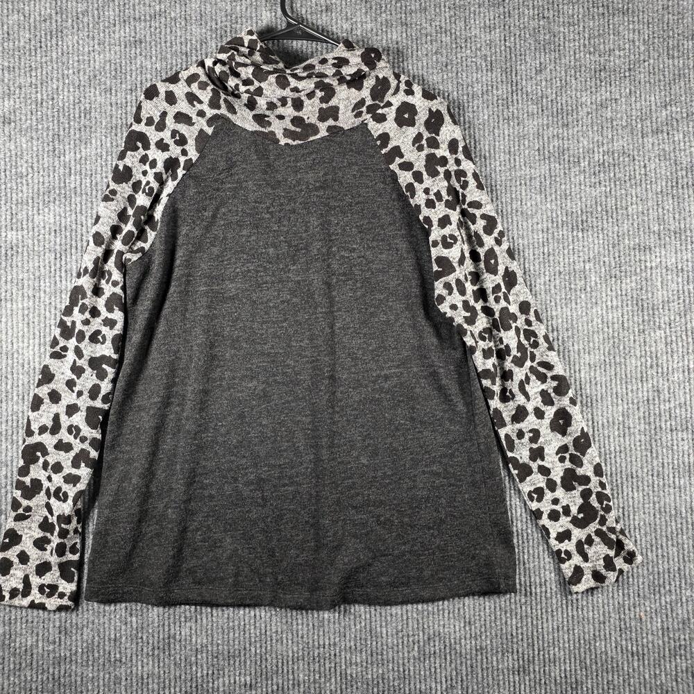 Brittany Black Leopard Print Cowl Neck Tunic Top XL Gray Long Sleeve